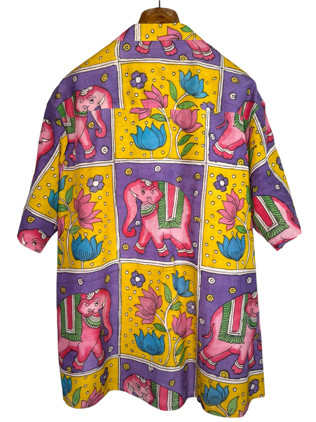Camicia Etnica Seta Tussar Kalamkari Elefanti Rosa - Tg XL