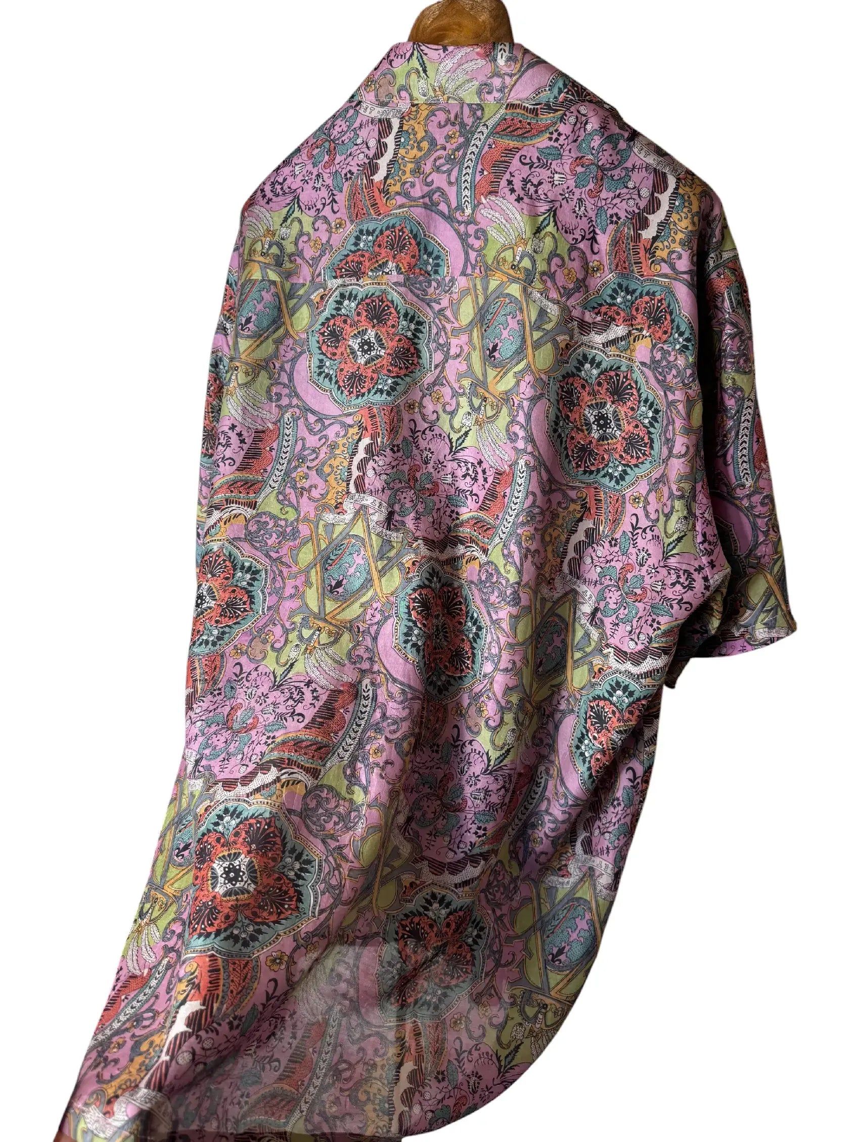 Camicia Etnica in Seta Sari Vintage Medaglioni Malva - Taglia XL
