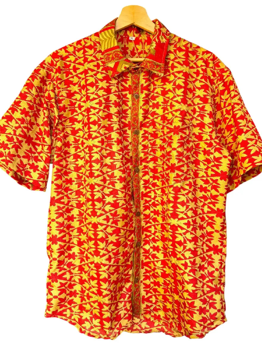 Camicia Etnica Rossa Oro - Floreale Geometrico Boho Sari - Taglia XL