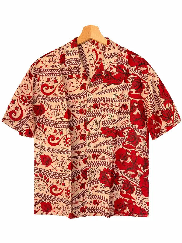 Camicia in Seta Sari Fantasia Floreale Rossa Unisex - Taglia M