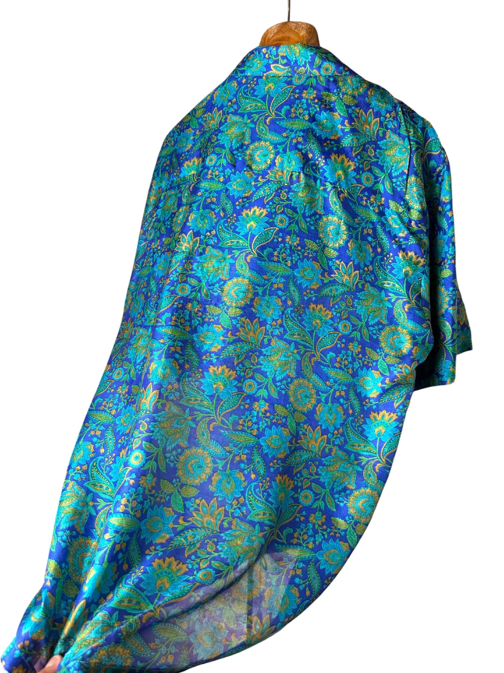 Camicia Etnica in Seta Sari Vintage Floreale Blu - Taglia M