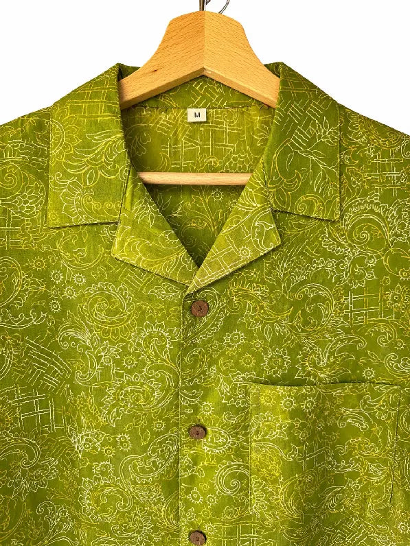 Camicia in Seta Sari Verde Oliva con Bordura Bordeaux Unisex - Taglia M