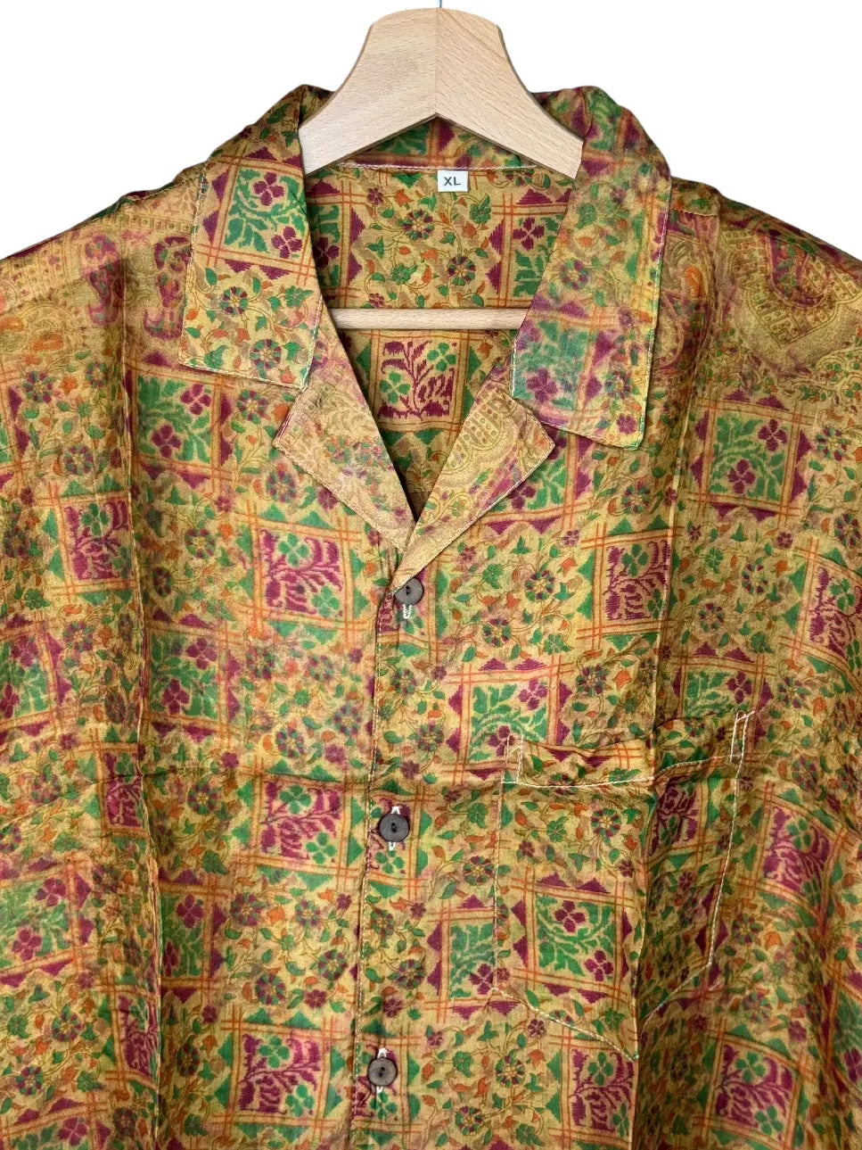 Camicia in Seta Sari Ocra Griglia e Paisley Dorati Unisex - Taglia XL