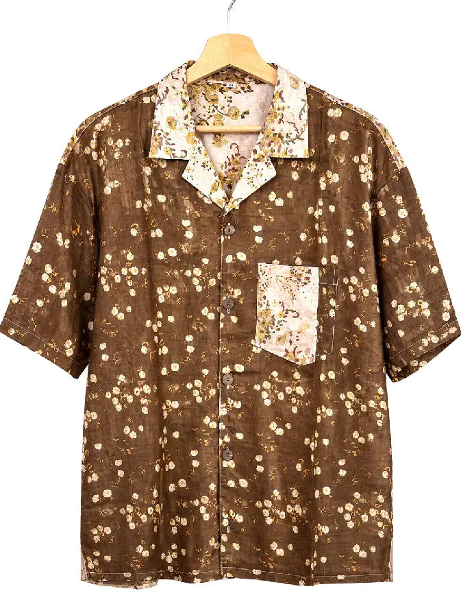 Camicia in Seta Sari Floreale Vintage Marrone, Avorio Unisex - Taglia M