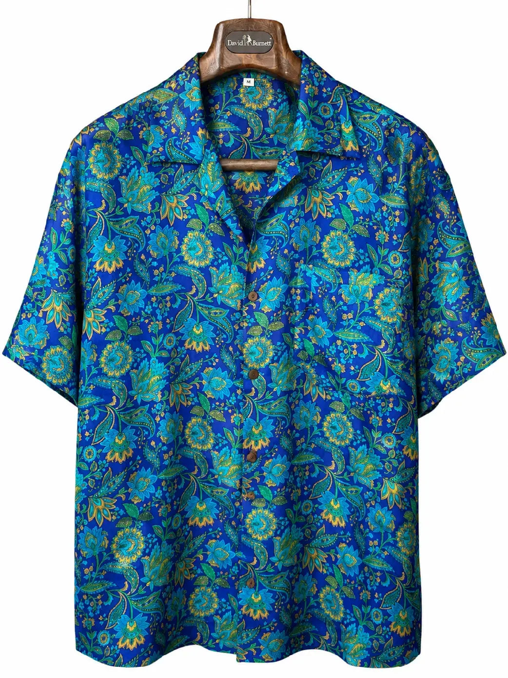 Camicia Etnica in Seta Sari Vintage Floreale Blu - Taglia M