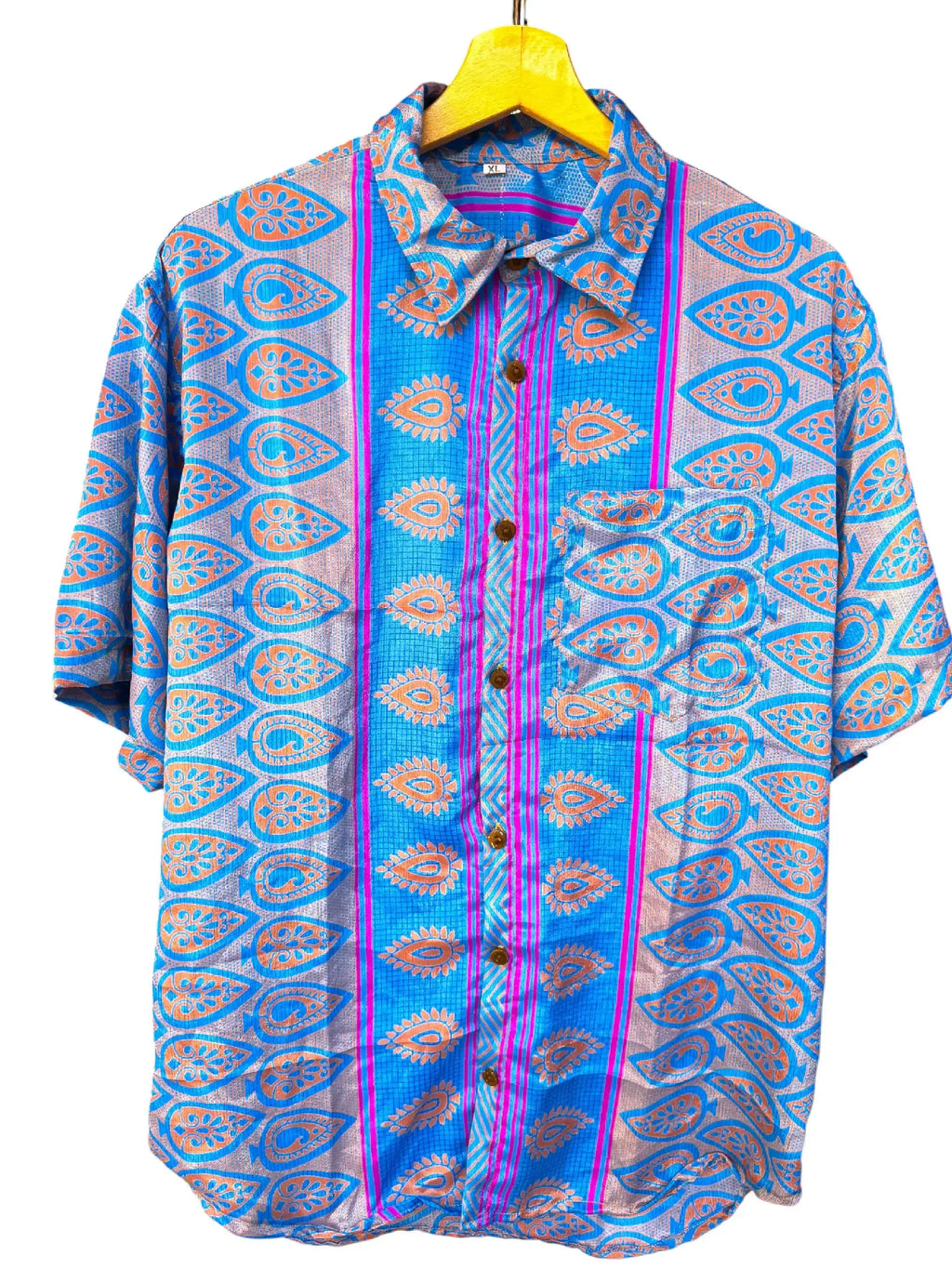 Camicia Etnica Azzurra Arancio Paisley Boho Sari Festival - Taglia XL