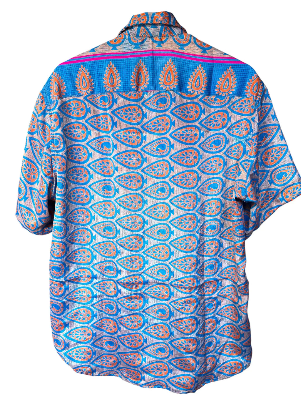 Camicia Etnica Azzurra Arancio Paisley Boho Sari Festival - Taglia XL