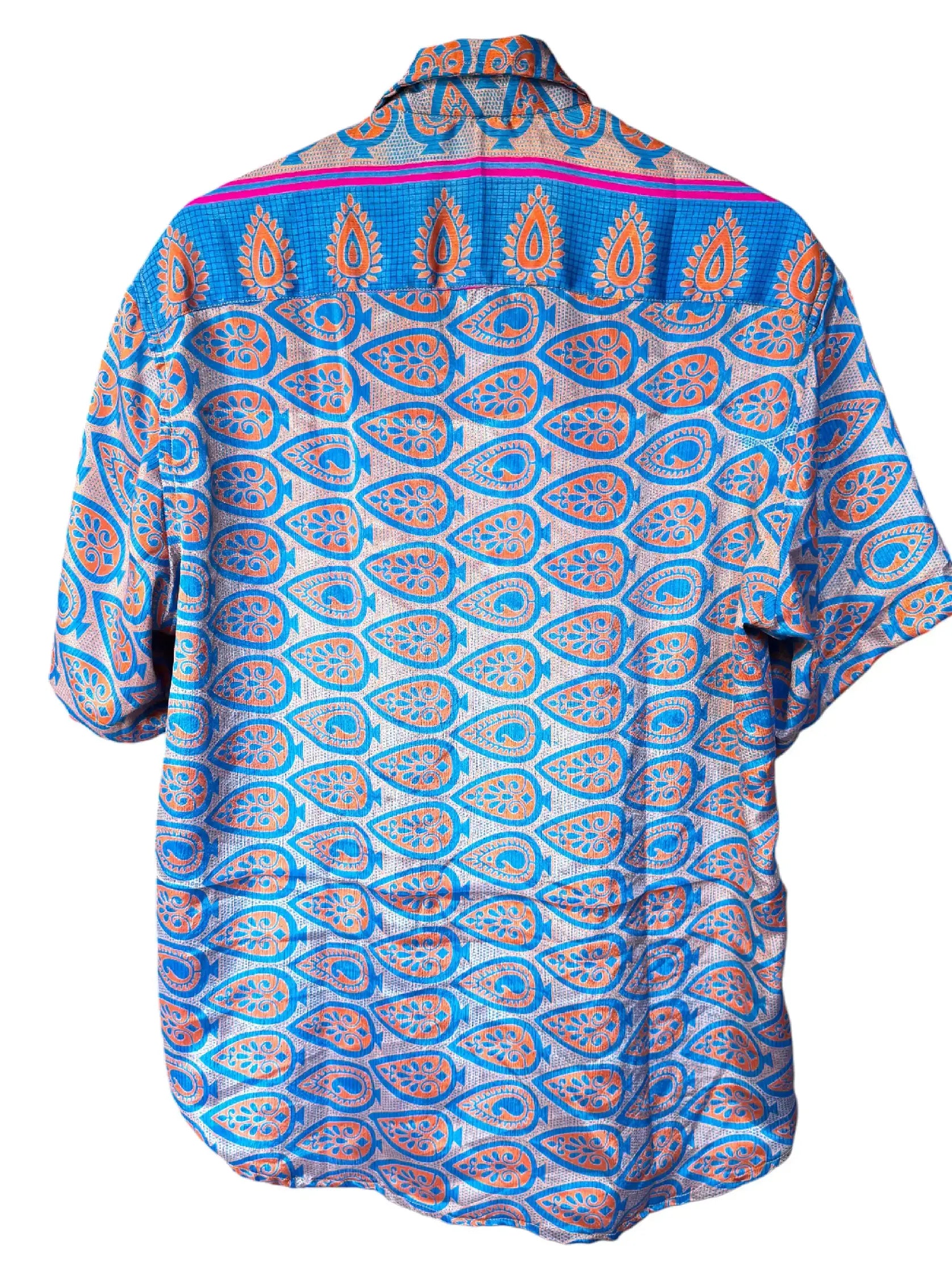 Camicia Etnica Azzurra Arancio Paisley Boho Sari Festival - Taglia XL