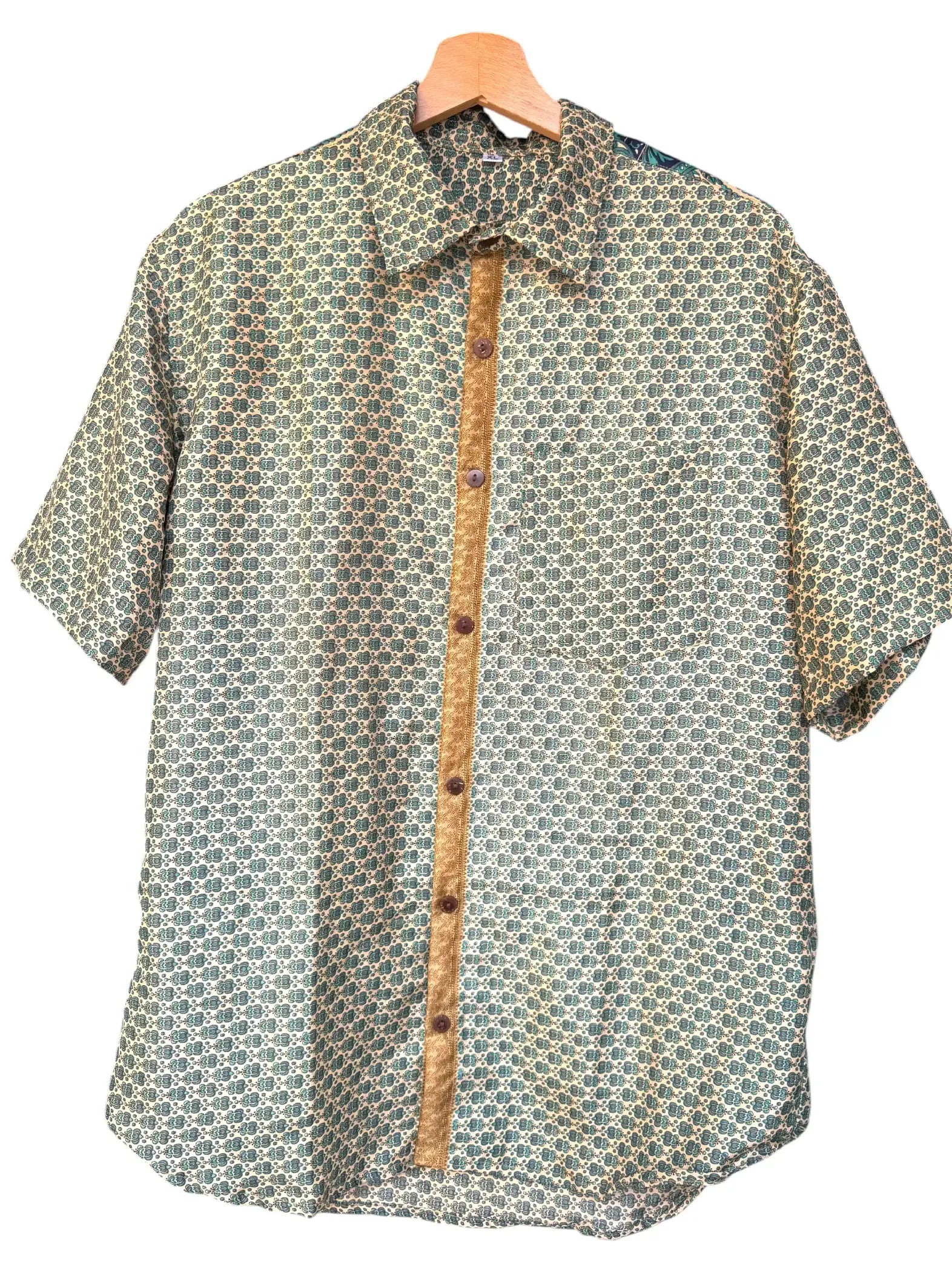 Camicia Etnica Verde Teal Avorio - Mandala Boho Sari - Taglia XL