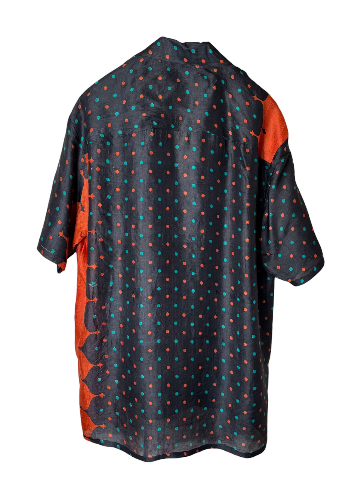 Camicia Etnica in Seta Sari Vintage Pois Nero Arancio - Taglia L