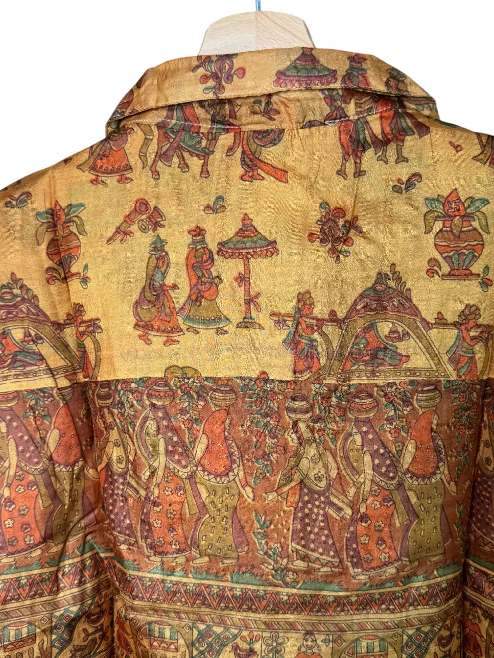 Camicia in Seta Sari Kalamkari Ambra Figure Cortesi Unisex - Taglia XL