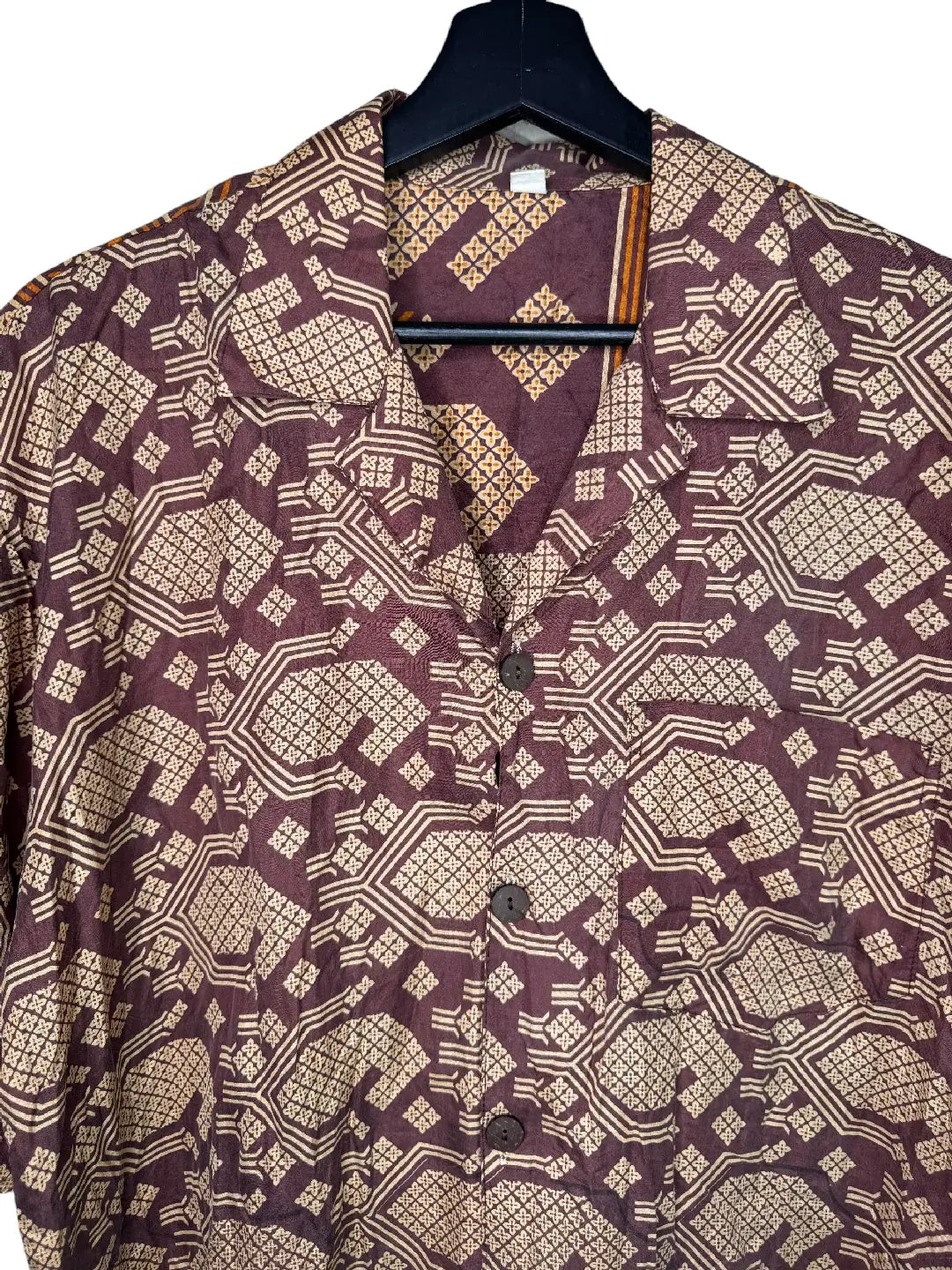 Camicia in Seta Sari Geometrica Bordeaux Ocra Esagoni Unisex - Taglia S