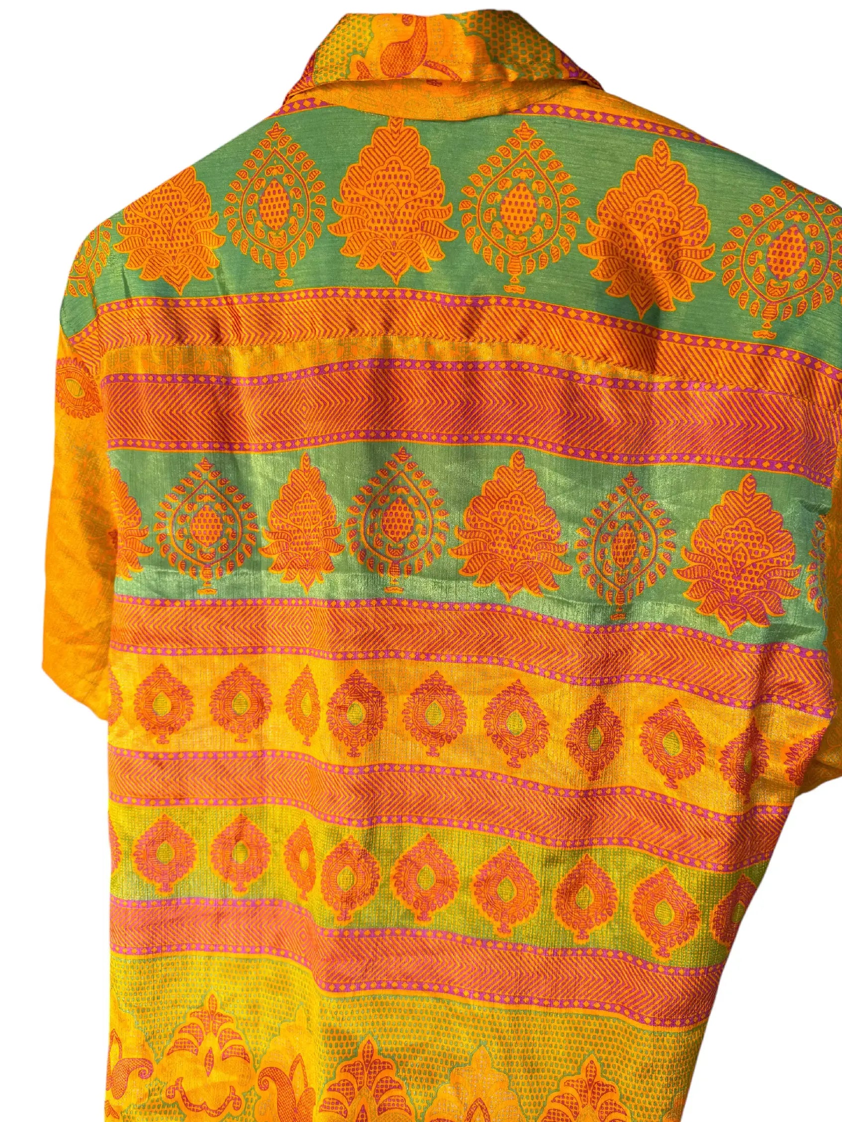 Camicia Etnica Giallo Oro Verde Paisley Boho Sari Festival - Taglia XL