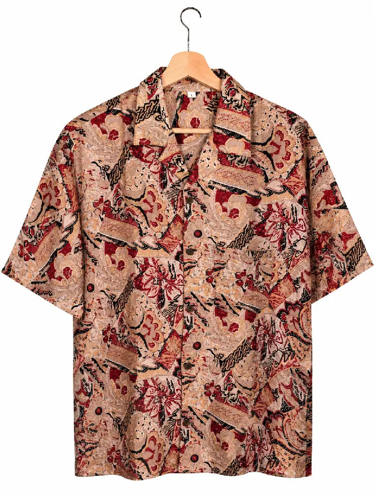 Camicia in Seta Sari Kalamkari Floreale Terracotta Unisex - Taglia L