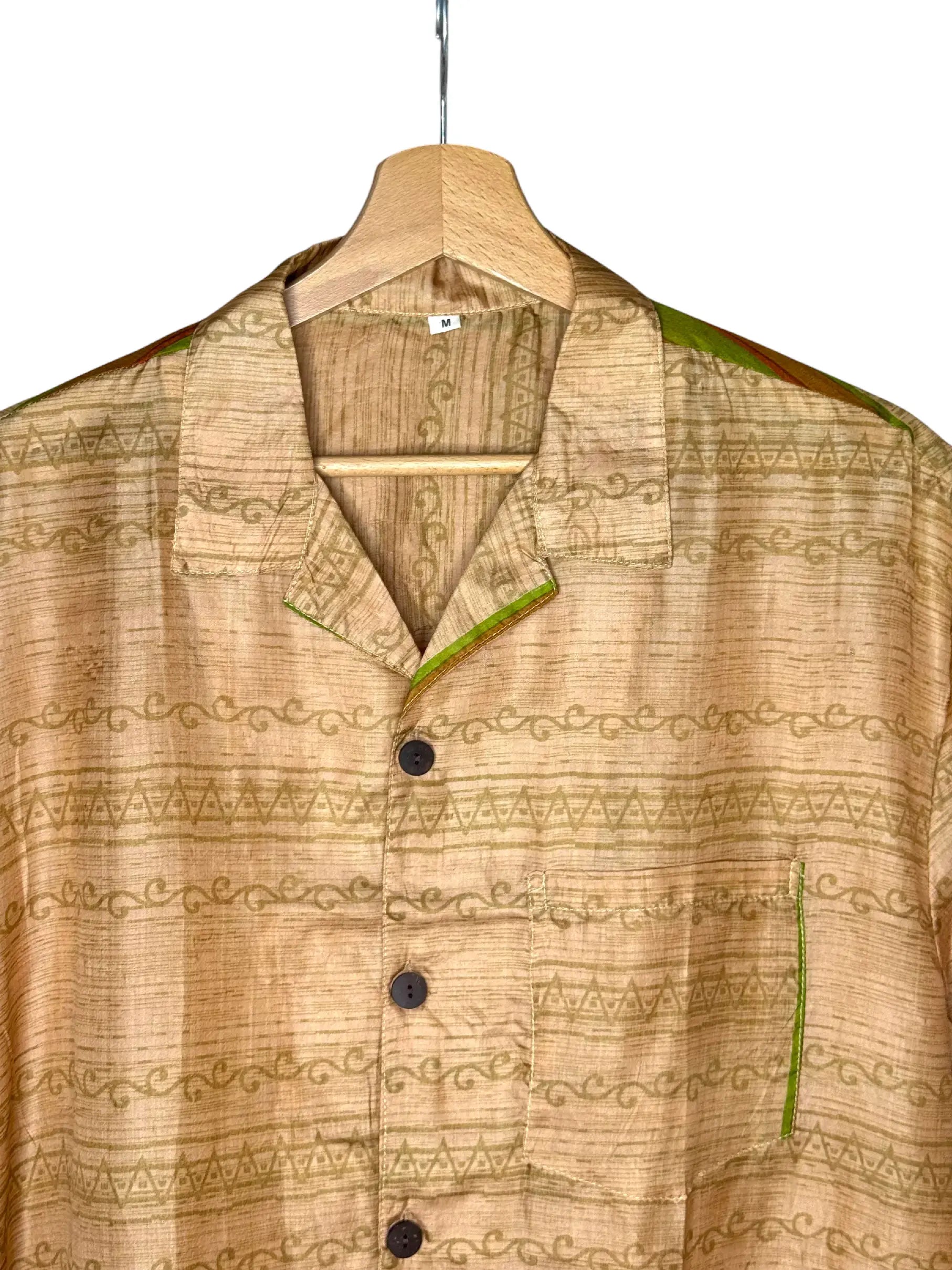 Camicia Etnica in Seta Sari Righe Tribali Beige - Taglia M