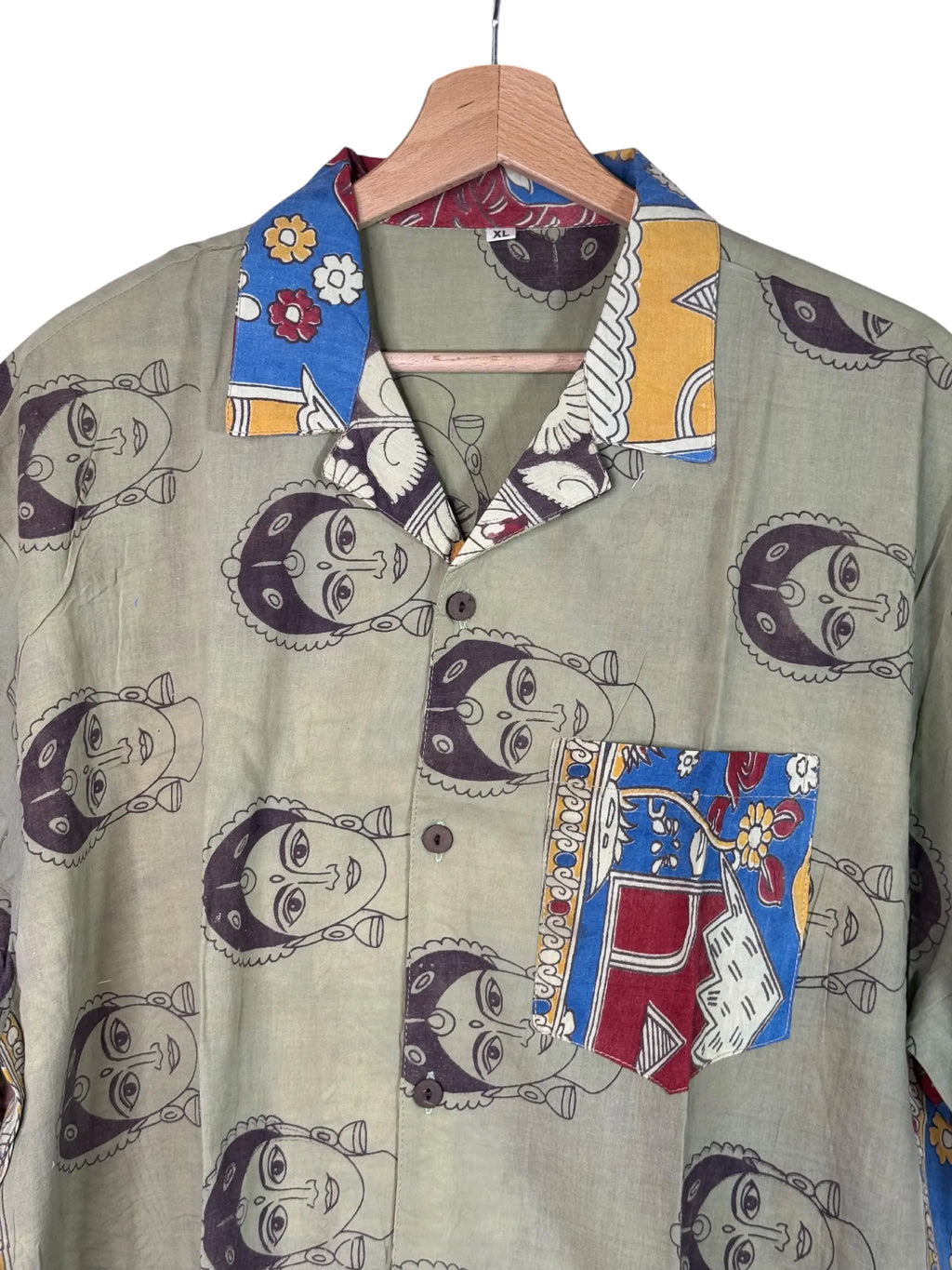 Camicia Kalamkari Block Print Dea Indiana e Pavone Verde Unisex - Taglia XL CAMICIE PARTICOLARI