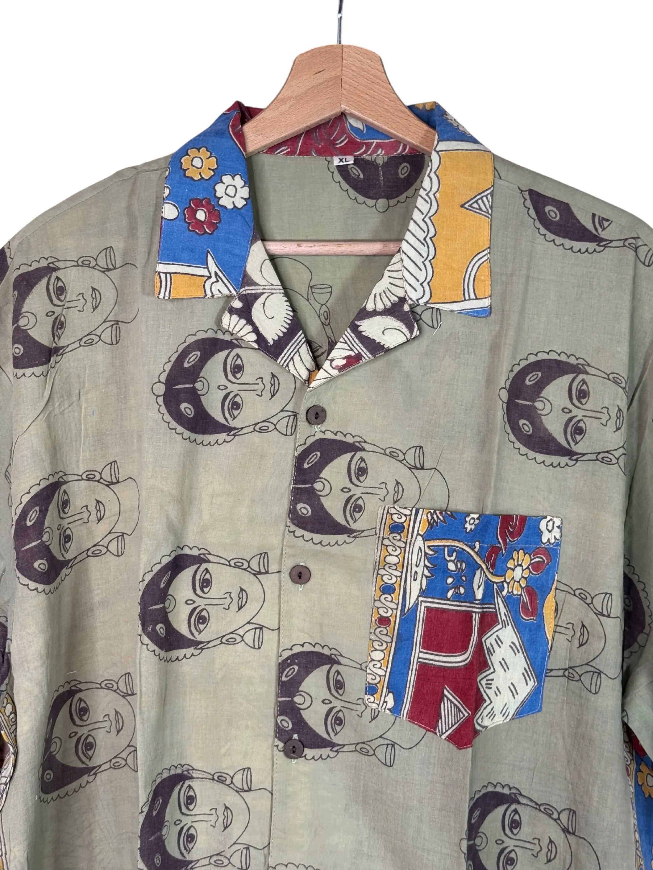 Camicia Kalamkari Block Print Dea Indiana e Pavone Verde Unisex - Taglia XL CAMICIE PARTICOLARI