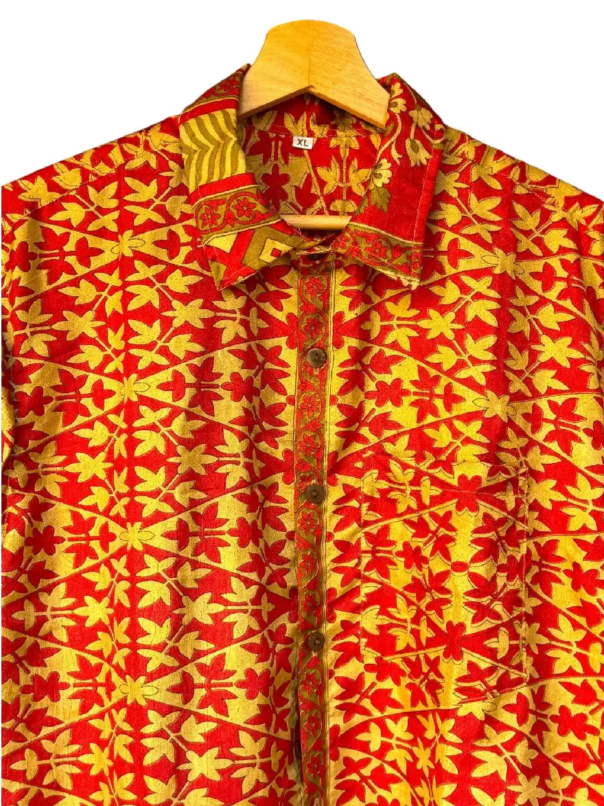 Camicia Etnica Rossa Oro - Floreale Geometrico Boho Sari - Taglia XL