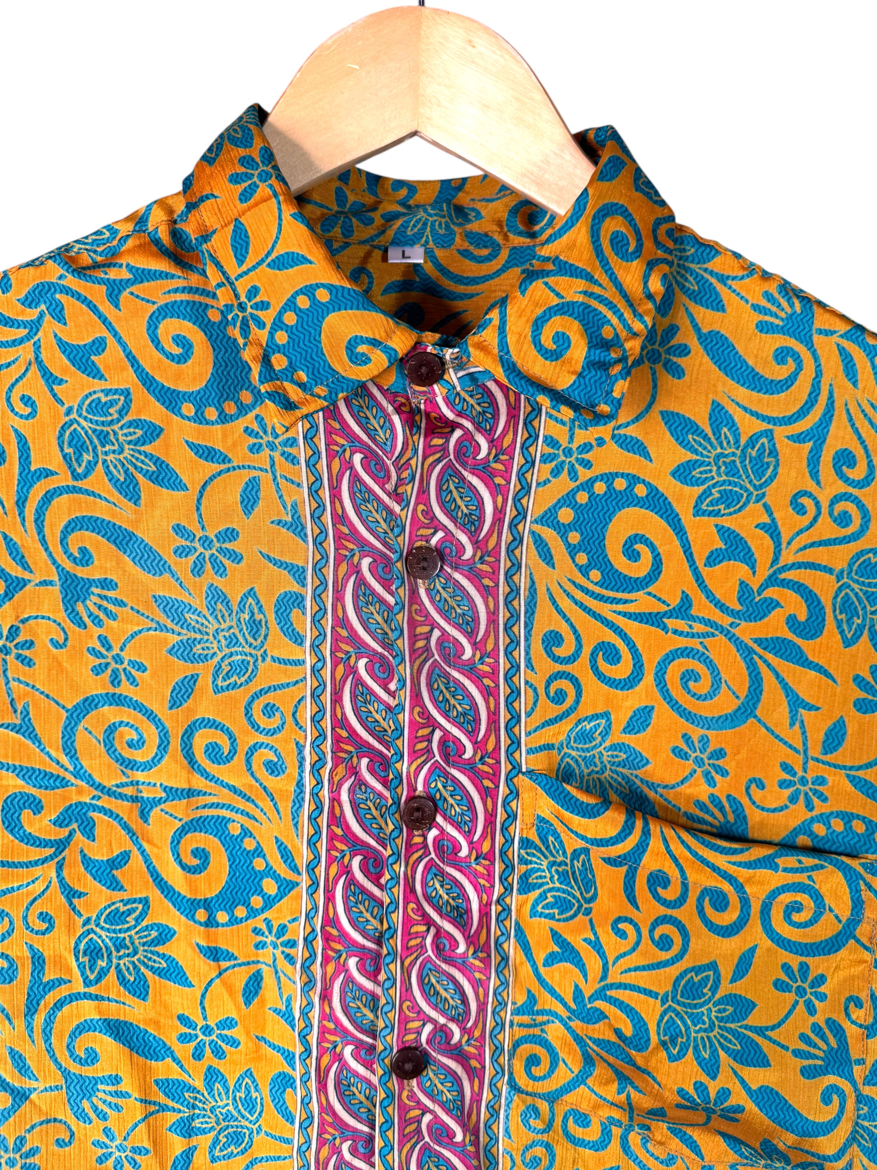 Camicia Sari Etnica Ocra Turchese Floreale Fucsia Unisex - Taglia L