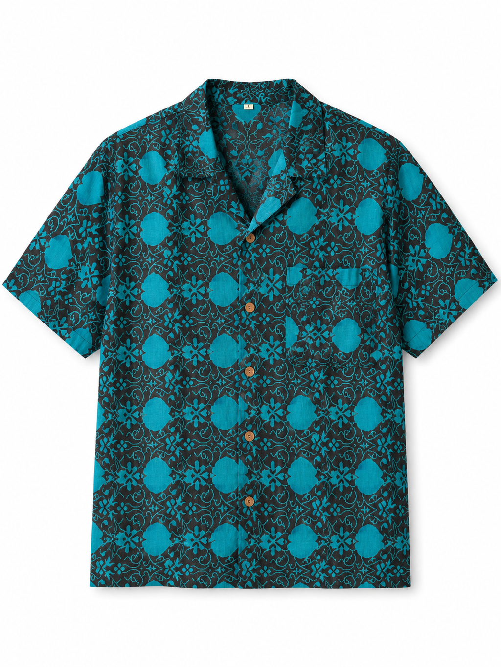 Camicia in Seta Sari Etnica Nero Turchese Medaglioni Unisex - Taglia M