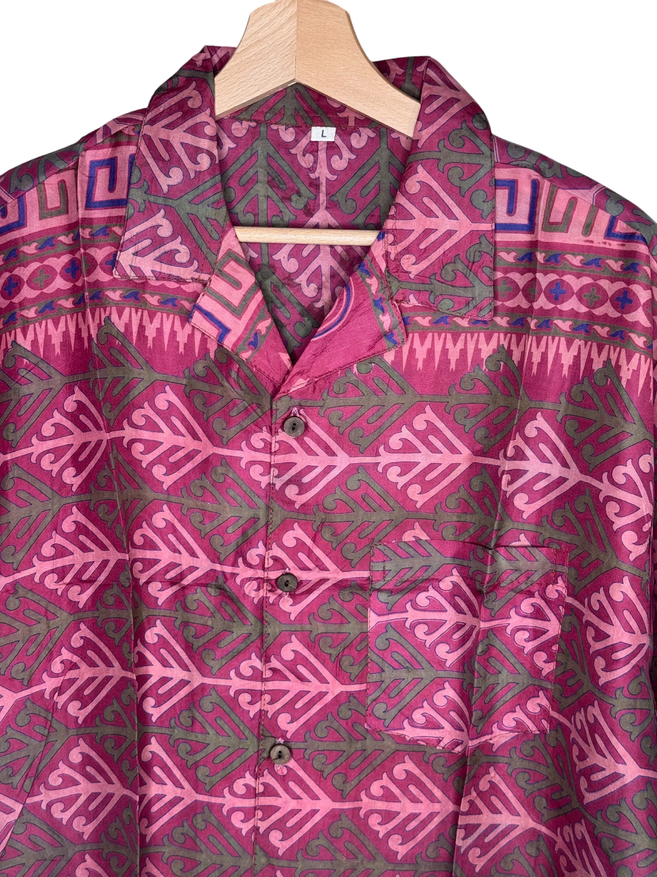 Camicia in Seta Sari Tribale Geometrico Bordeaux Rosa Unisex - Taglia L