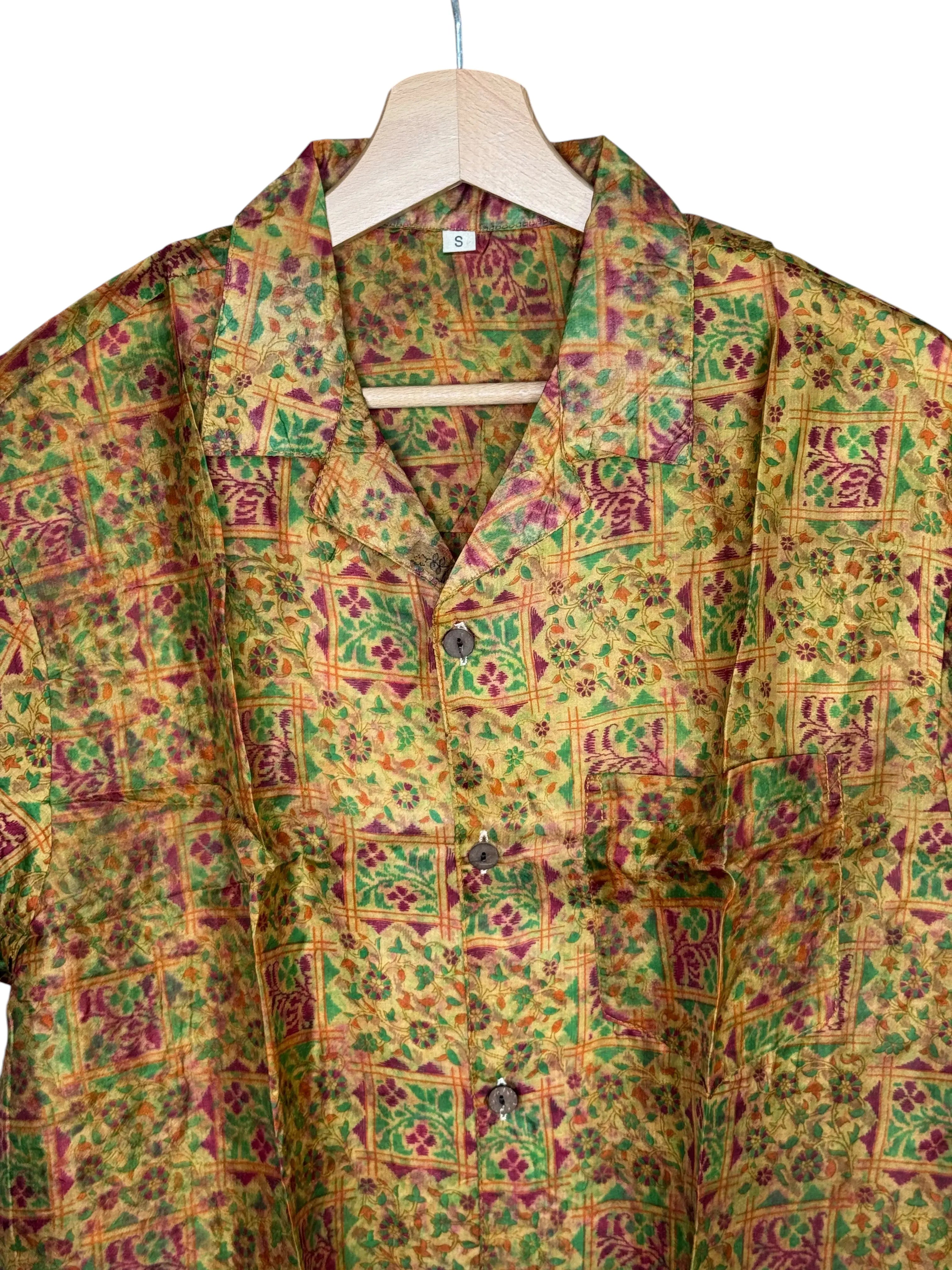 Camicia in Seta Sari Ocra Griglia Floreale Rajput Unisex - Taglia S