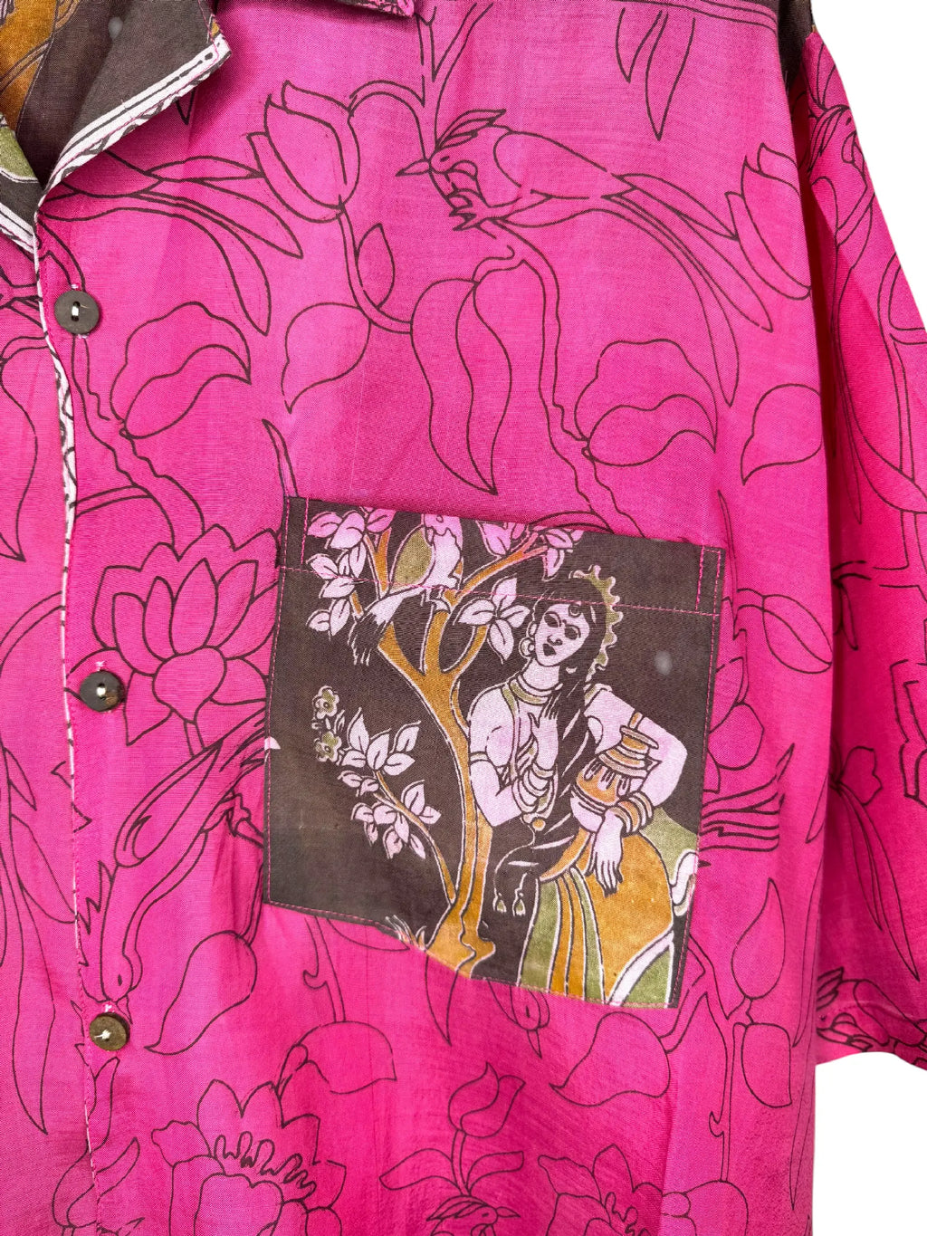 Camicia Etnica Kalamkari Fiori e Uccelli Cotone Fucsia - L