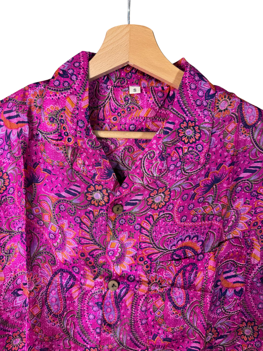 Camicia in Seta Sari Fucsia Paisley Millefleurs Navy Unisex - Taglia S