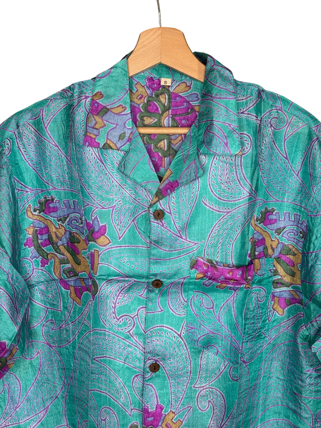 Camicia in Seta Sari Verde Acqua Paisley e Viola Unisex - Taglia S