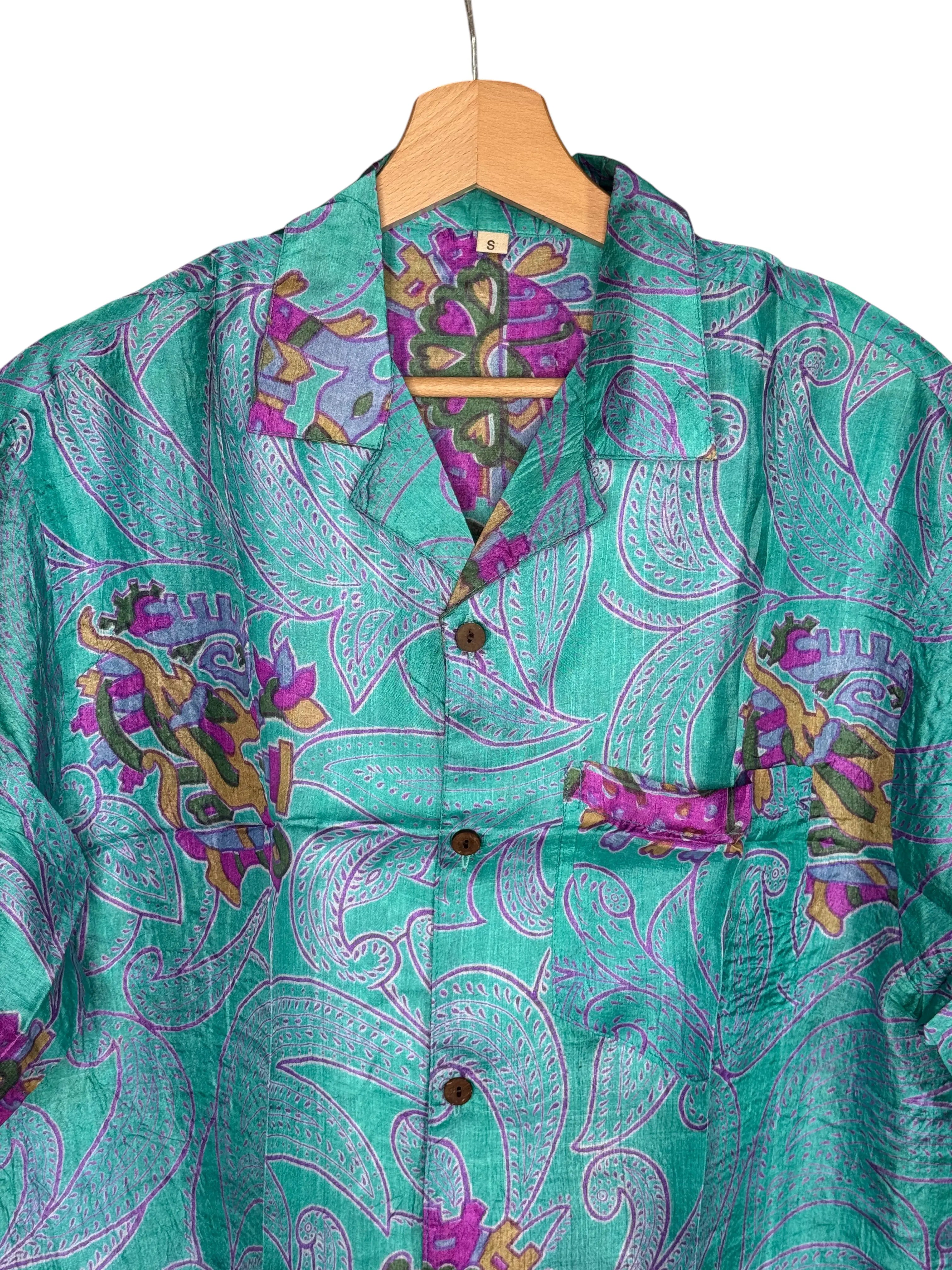Camicia in Seta Sari Verde Acqua Paisley e Viola Unisex - Taglia S