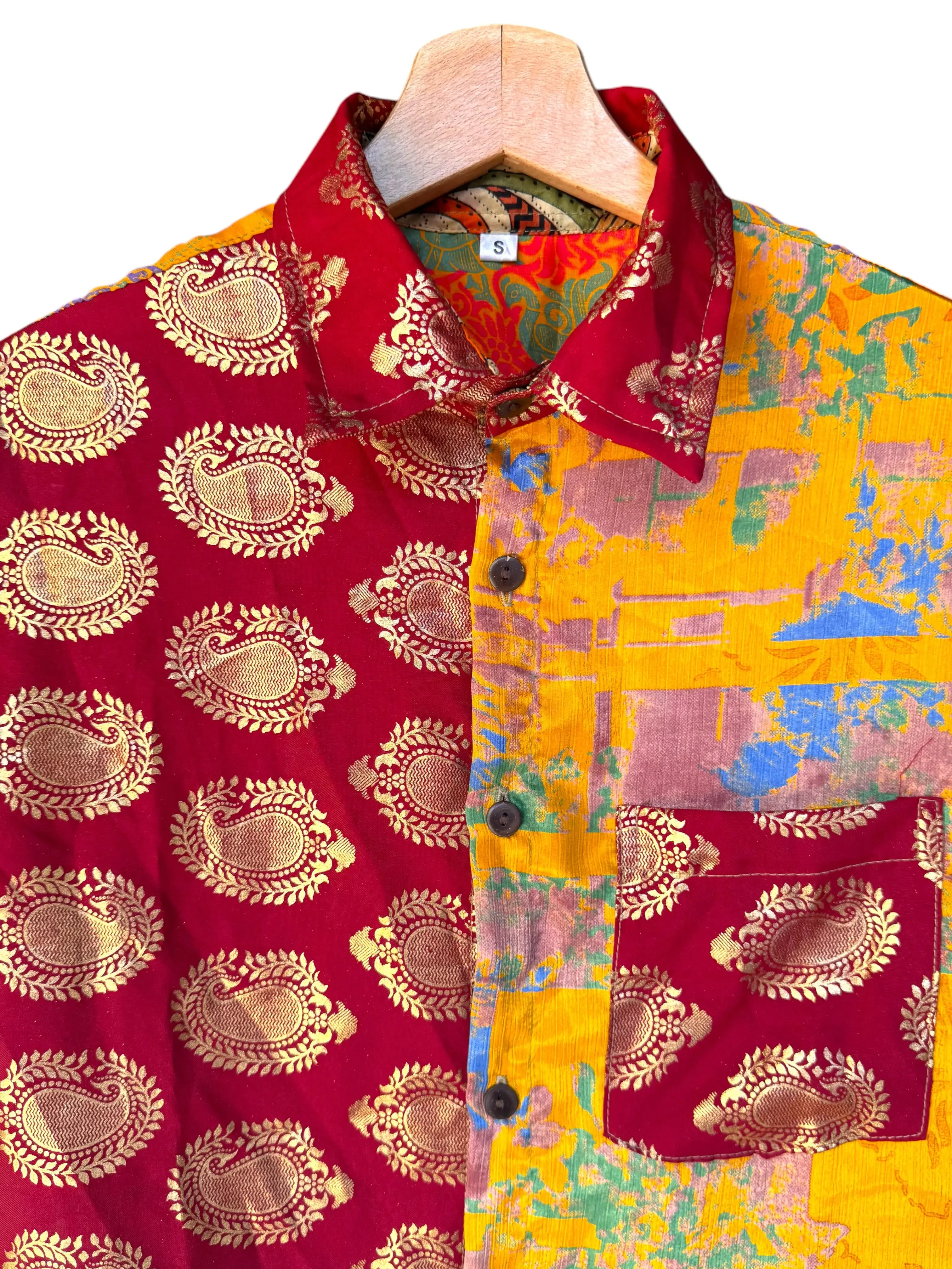 Camicia Etnica Patchwork Arancione e Rossa Vintage - Taglia S