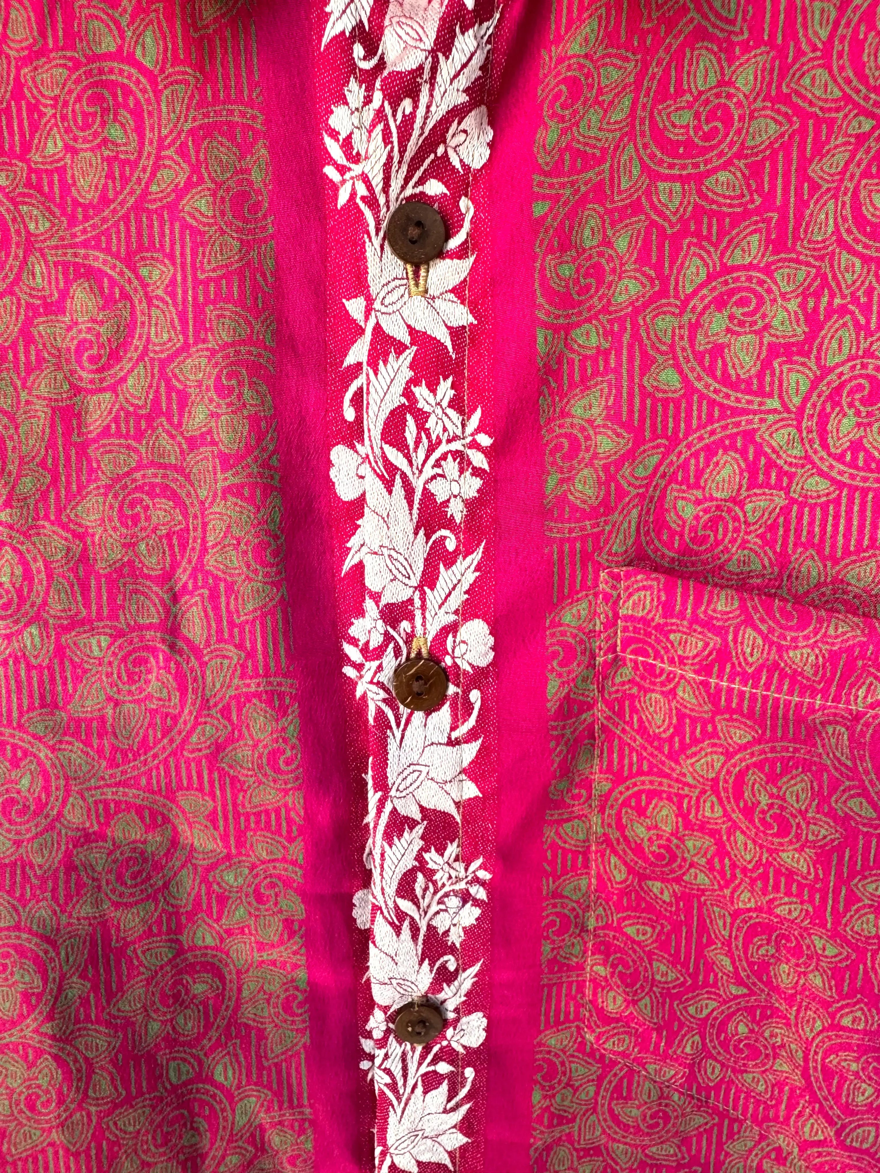 Camicia Etnica Fucsia Verde - Arabesco Floreale Boho Sari - Taglia L