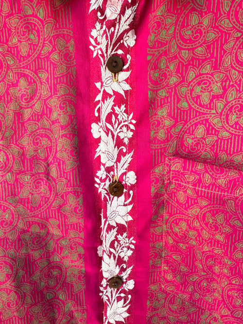 Camicia Etnica Fucsia Verde - Arabesco Floreale Boho Sari - Taglia L