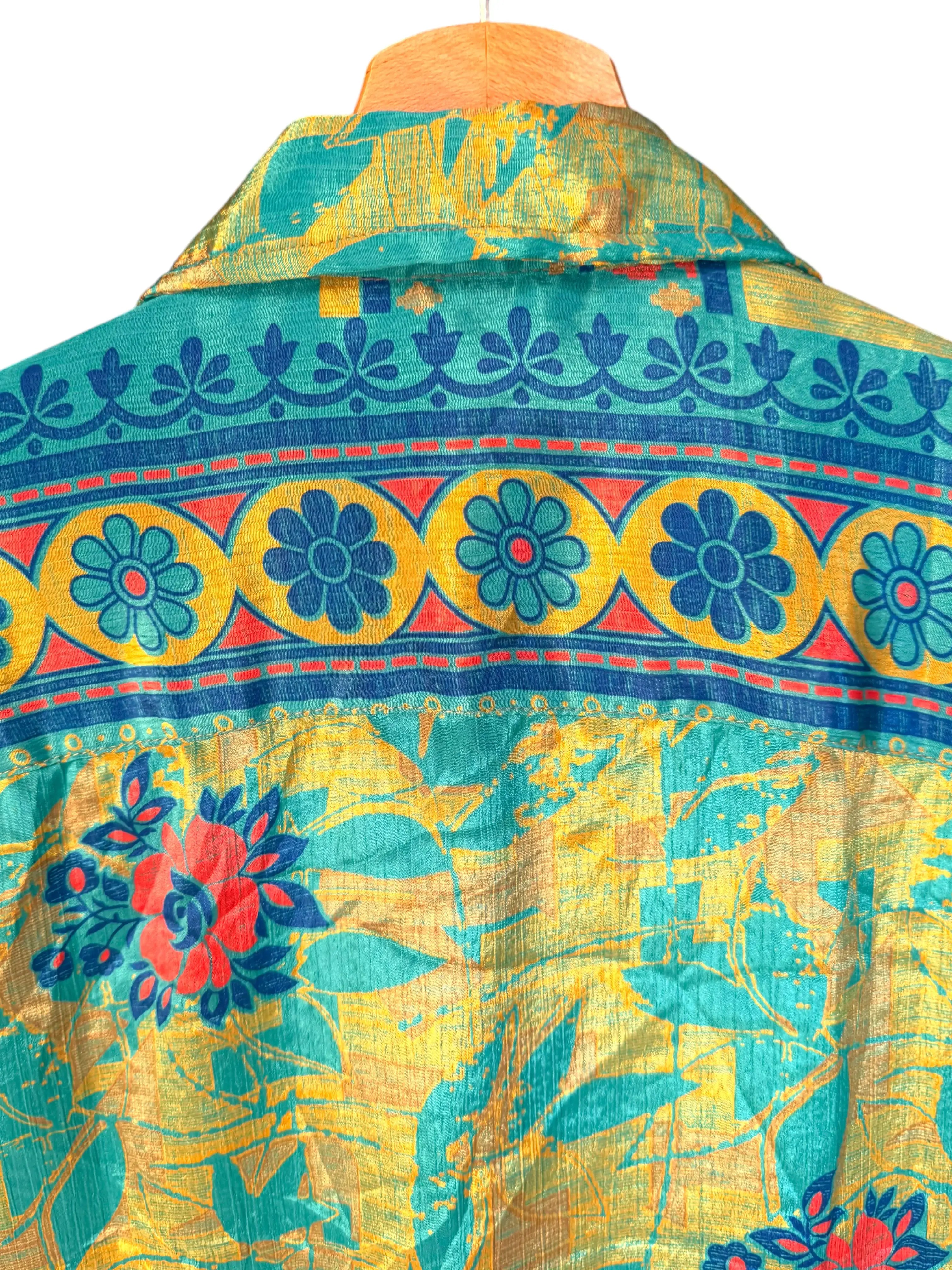 Camicia Etnica Gialla Teal - Floreale Tropicale Boho Sari - Taglia L