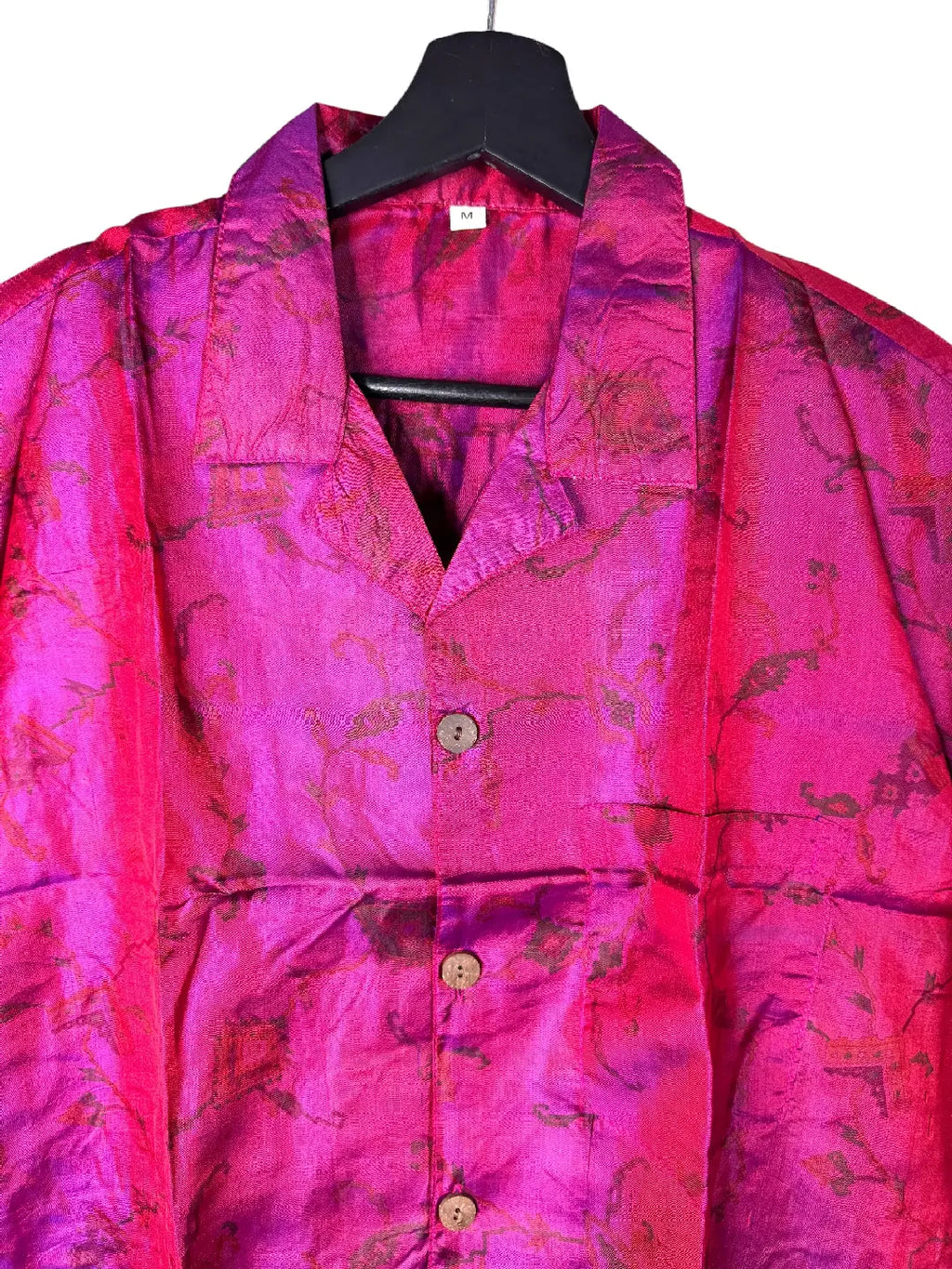 Camicia in Seta Sari Cangiante Fucsia Viola Mandala Unisex - Taglia M