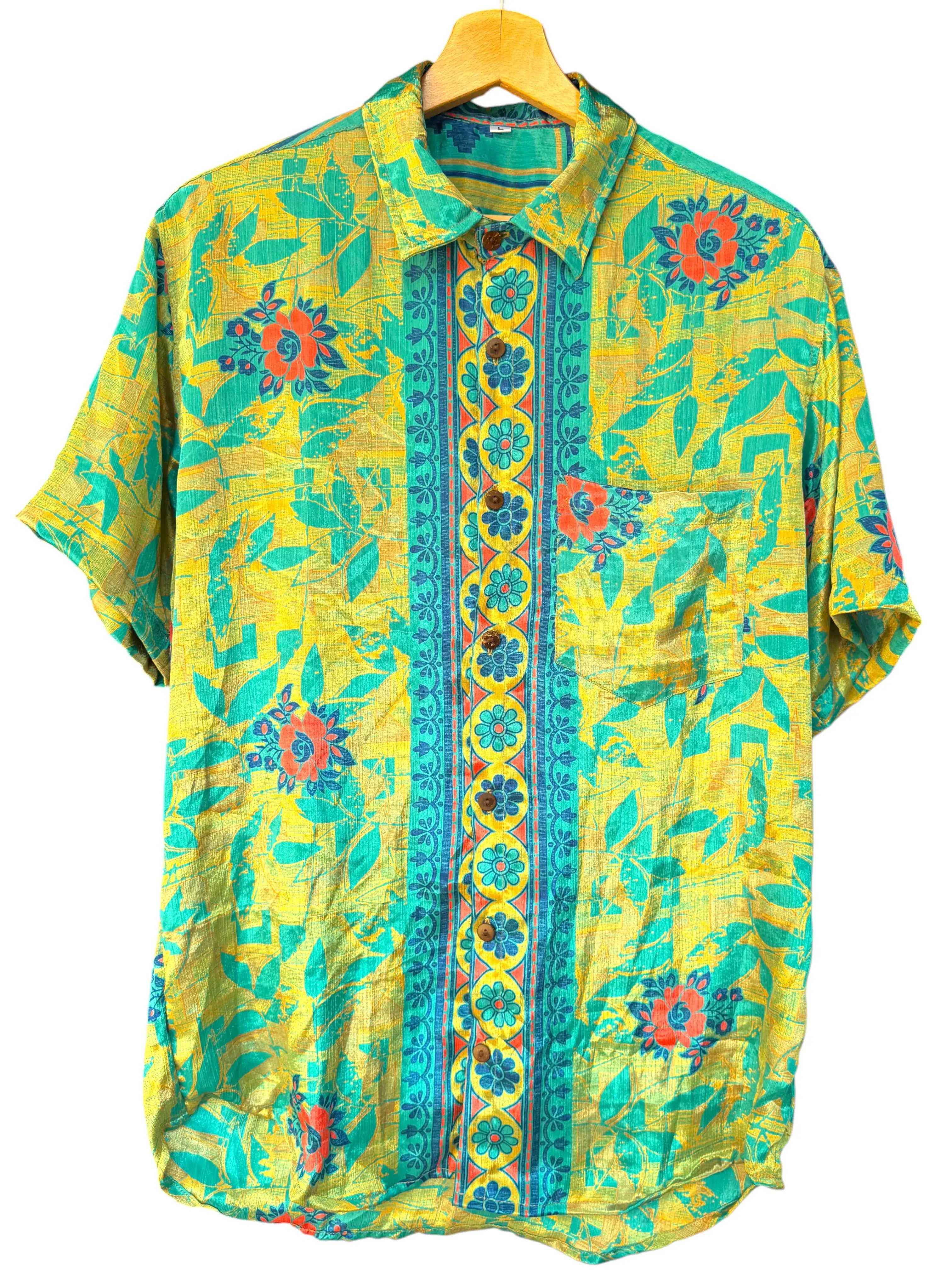 Camicia Etnica Gialla Teal - Floreale Tropicale Boho Sari - Taglia L