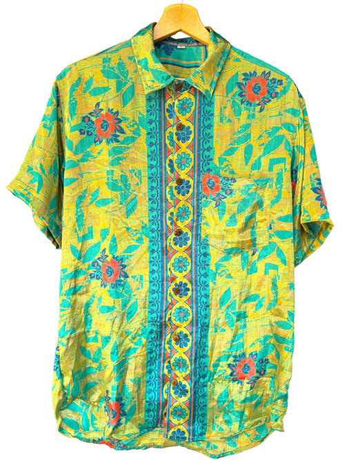 Camicia Etnica Gialla Teal - Floreale Tropicale Boho Sari - Taglia L