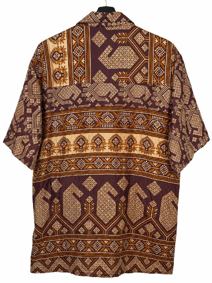 Camicia in Seta Sari Geometrica Bordeaux Ocra Esagoni Unisex - Taglia S
