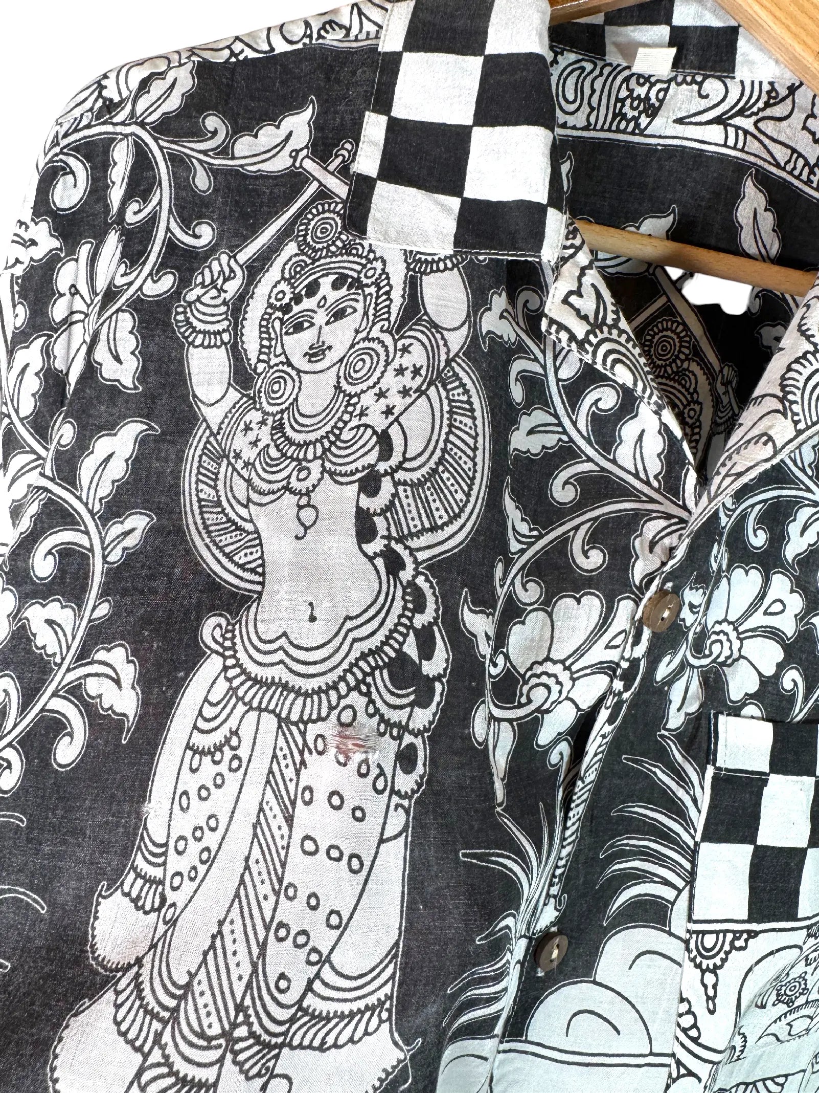 Camicia Etnica Kalamkari Elefanti Cotone Bianco e Nero - L