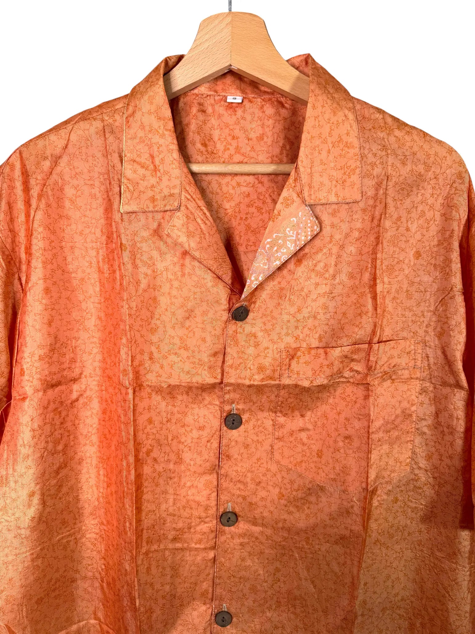 Camicia in Seta Sari Floreale Ramage Arancio Pesca Unisex - Taglia S