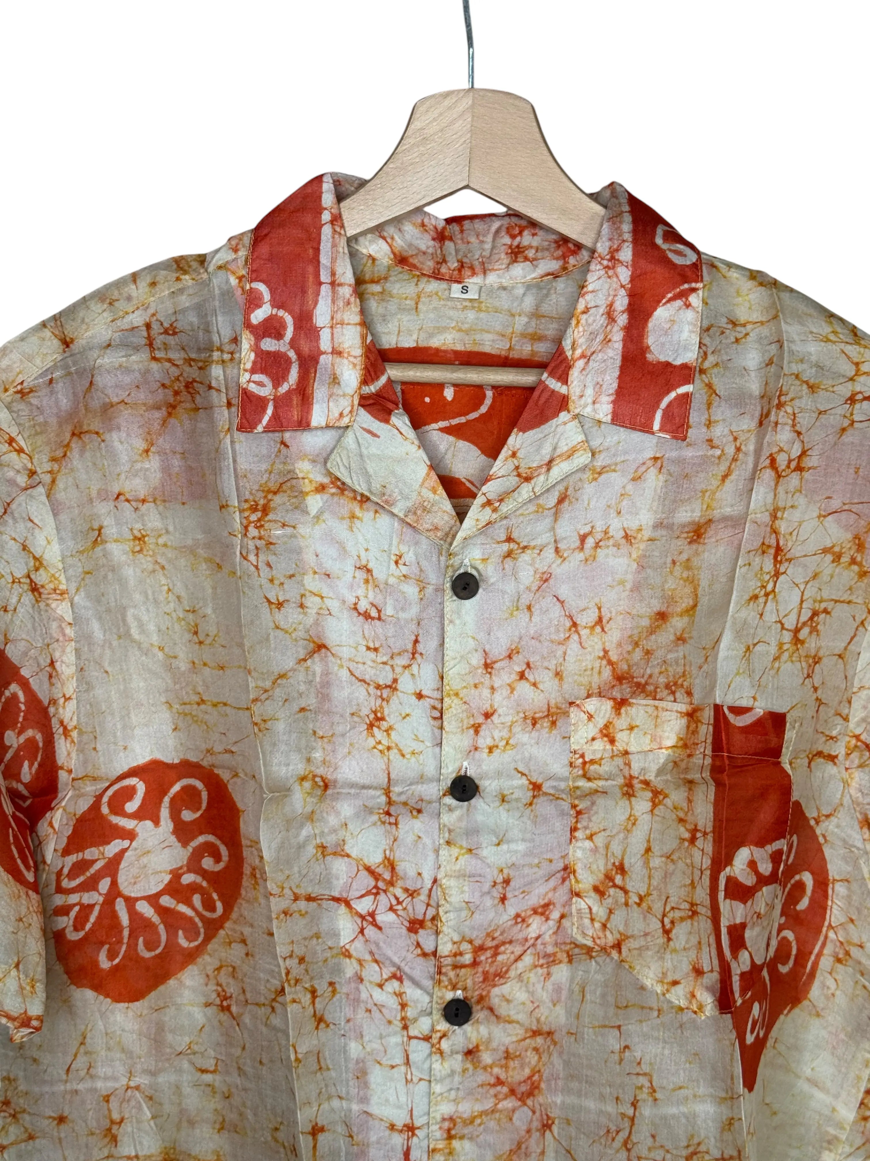 Camicia in Seta Sari Batik Avorio e Terracotta Unisex - Taglia S