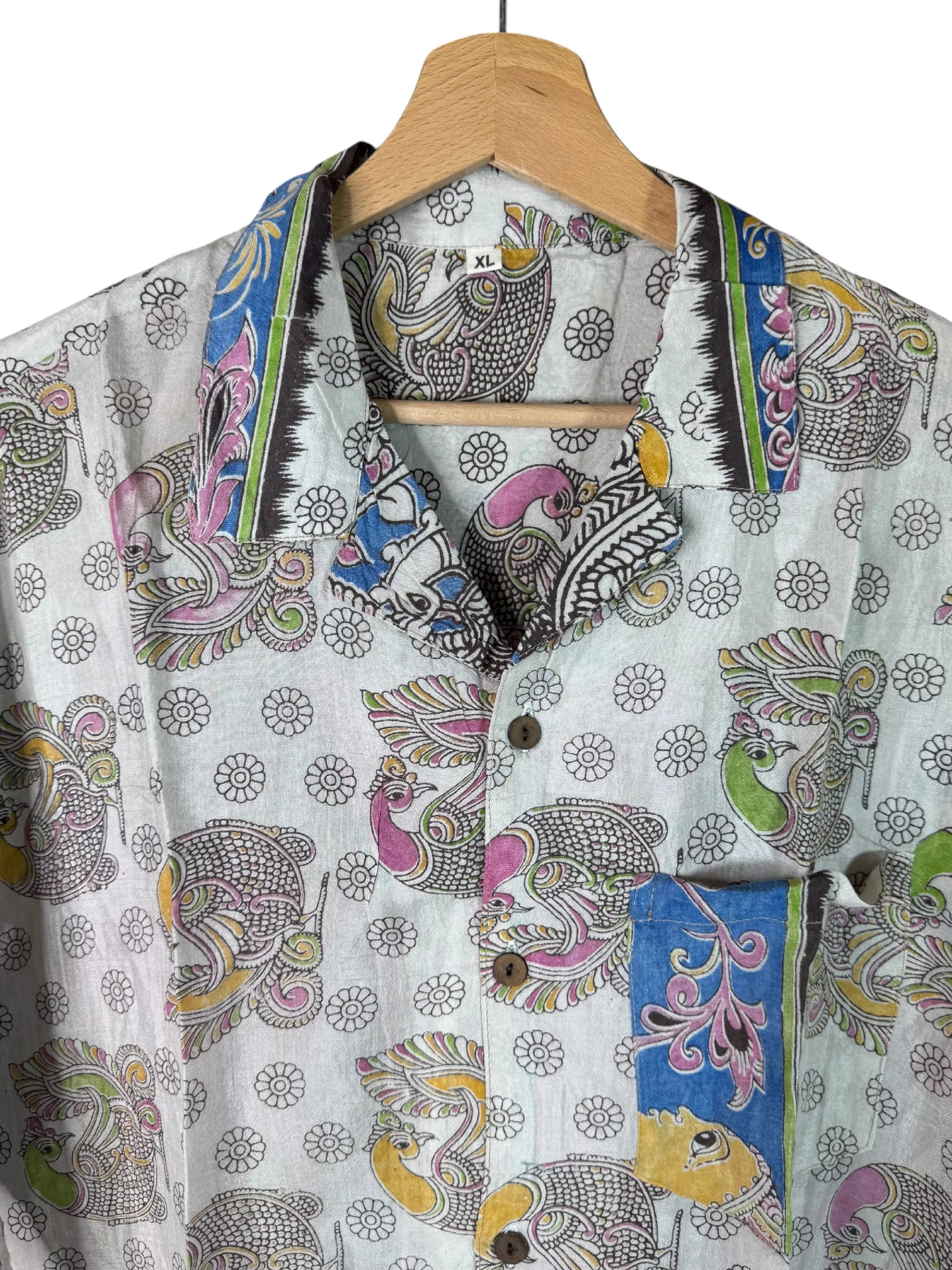 Camicia Sari con Stampa Block Print Bianco Pavoni Multicolore Unisex - Taglia XL CAMICIE PARTICOLARI