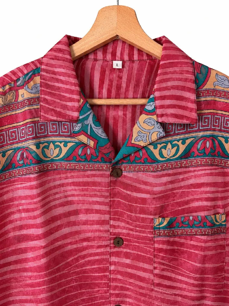 Camicia in Seta Sari Righe e Bordure Cerimoniali Fucsia - Taglia L