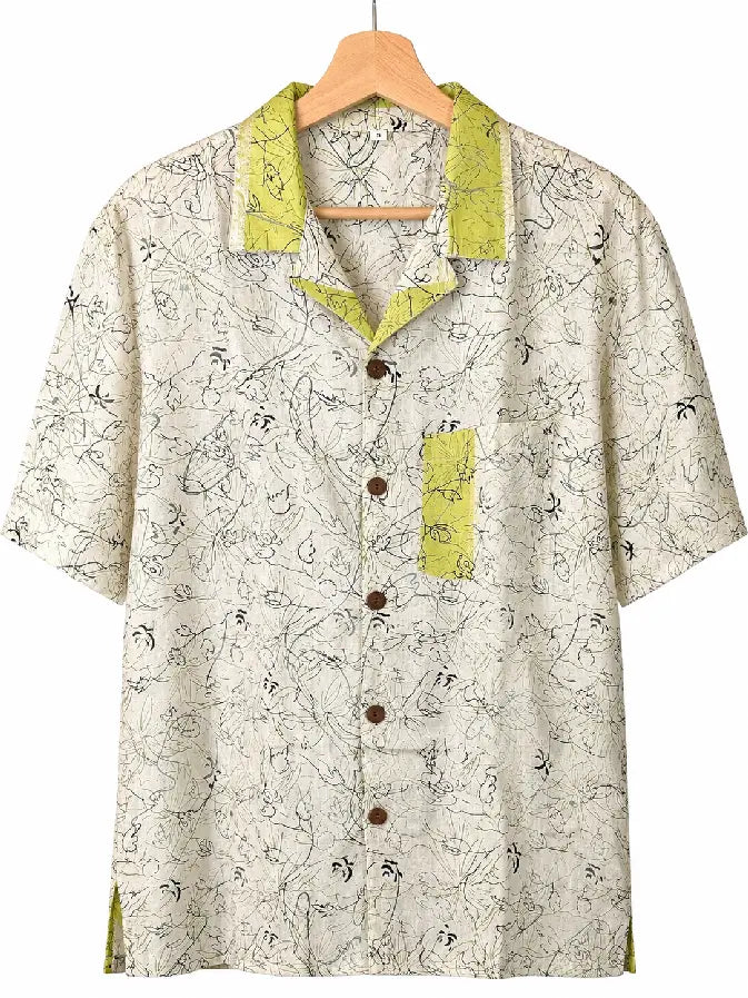 Camicia in Seta Sari Botanico Lineare Avorio e Verde Lime - Taglia S