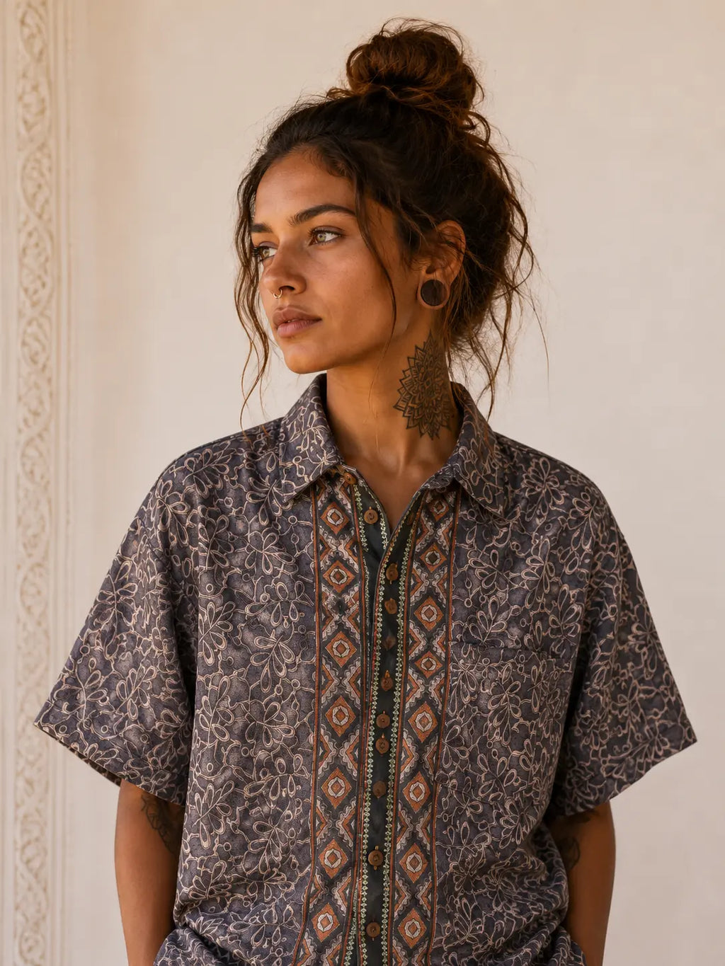 Camicia Etnica Grigia Fantasia Geometrica Vintage - Taglia S CAMICIE PARTICOLARI