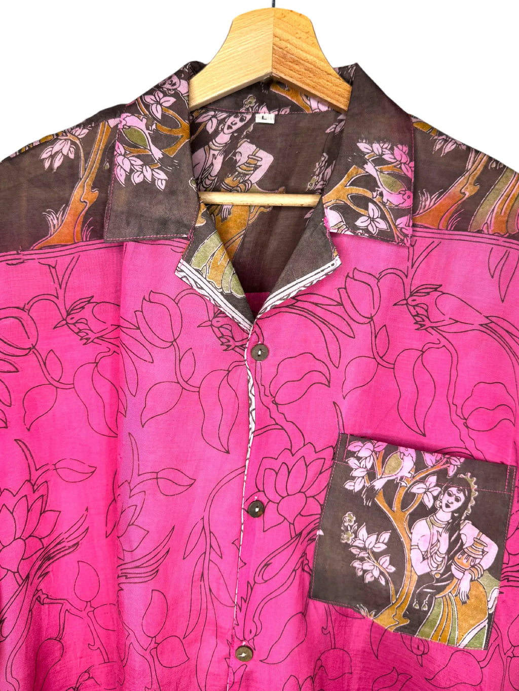 Camicia Etnica Kalamkari Fiori e Uccelli Cotone Fucsia - L