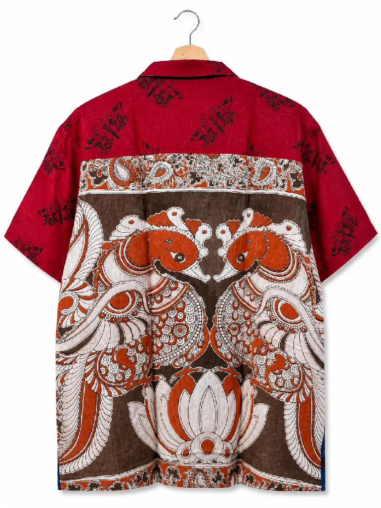 Camicia Sari Block Print Rosso Pavoni Kalamkari Unisex - Taglia XL CAMICIE PARTICOLARI