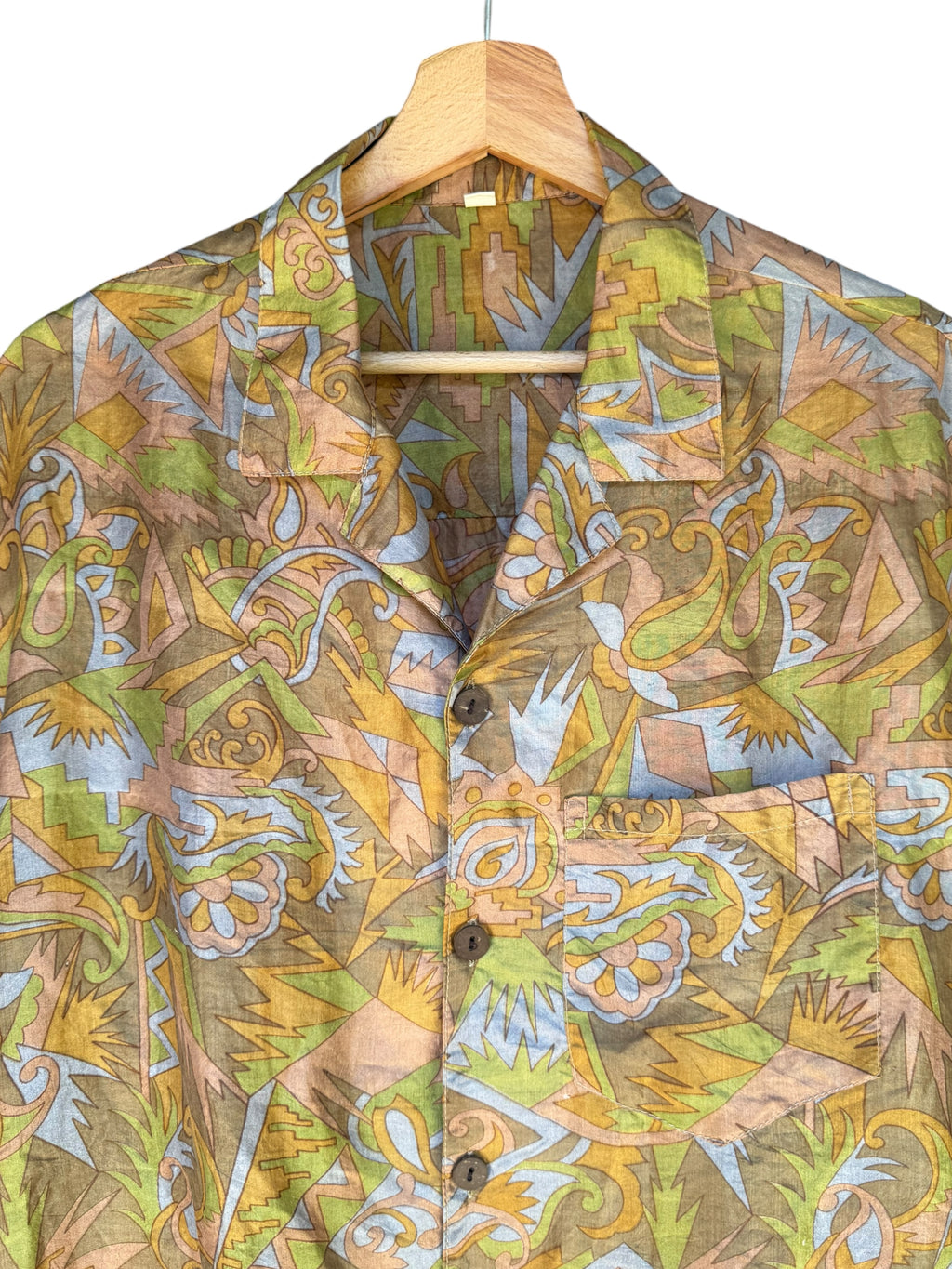 Camicia in Seta Sari Etnica Ocra Verde Paisley Unisex - Taglia XL