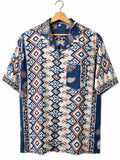 Camicia Sari Block Print Geometrico Blu Arancio Unisex - Taglia L CAMICIE PARTICOLARI