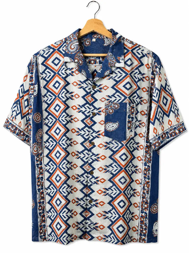 Camicia Sari Block Print Geometrico Blu Arancio Unisex - Taglia L CAMICIE PARTICOLARI
